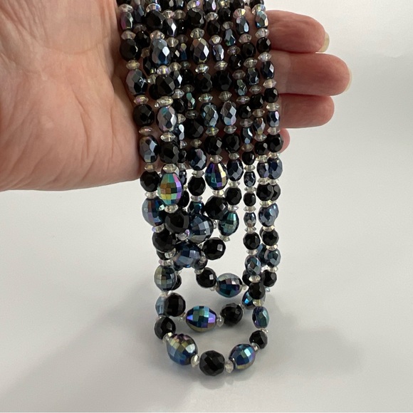 Vtg Black Aurora Borealis Crystal Necklace Vintage 5 Strand Statement Necklace - Picture 3 of 9